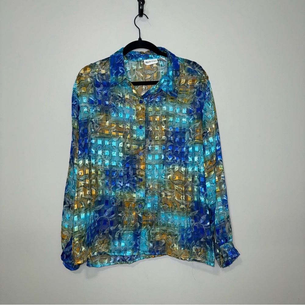 Apparenza Womens XL Blue Gold Metallic Sheer Abstract Button Down‎ Blouse Shirt